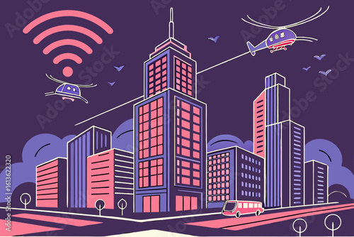 Modern city with flying vehicles and wi fi signals