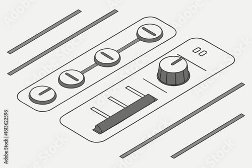 Isometric illustration of audio mixer controls with sliders and knobs