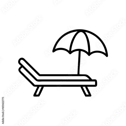 Sun lounger with an umbrella in minimalist design and black outline  