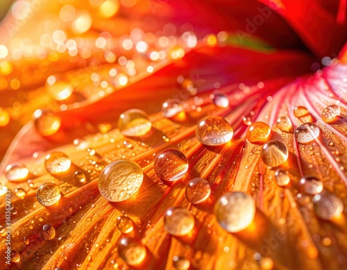 Exquisite macro photography, water droplets adorning a vibrant flower petal in nature's embrace