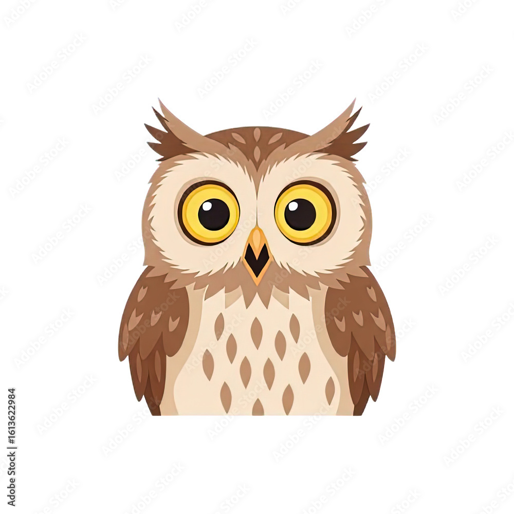 Fototapeta premium A charming cartoon illustration of a wide-eyed brown owl with feathery ear tufts, looking forward on a white background.