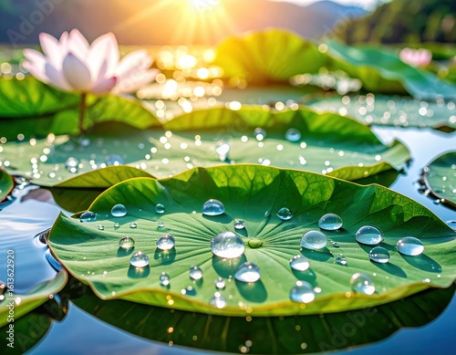 Exquisite closeup, water lily with glistening droplets in serene pond setting serene