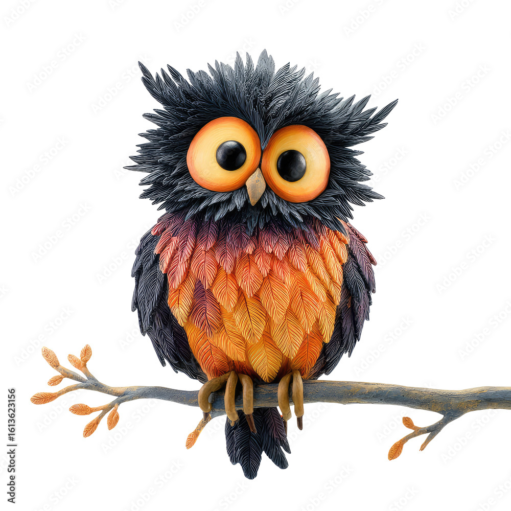 Fototapeta premium Vibrant Halloween Owl Sitting on a Branch with Unique Colors and Large Eyes Amidst a Spooky Atmosphere
