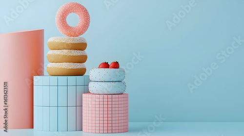 Pastel-colored donuts and cake on geometric stands, minimalist food display