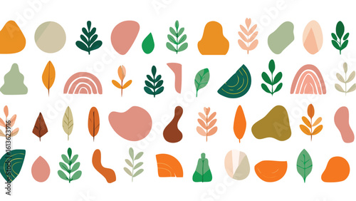 Diverse collection of flat botanical elements with abstract organic forms, ideal for garden branding, nature themes, or contemporary design projects.
