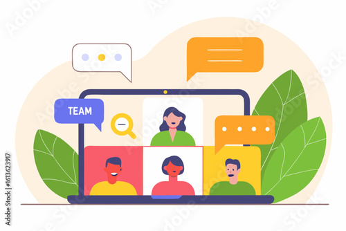 Diverse team collaborating remotely on a video conference call on a laptop