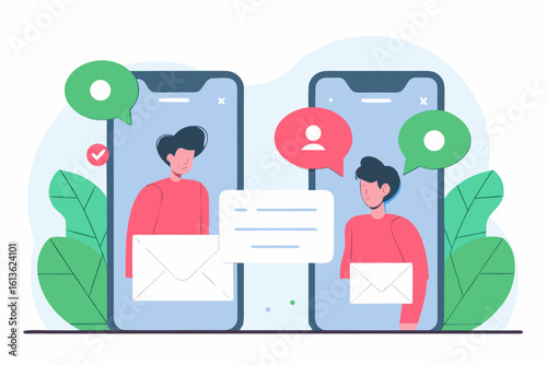 Two people communicating through mobile phones with chat bubbles and plants