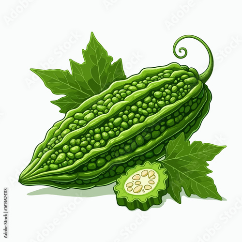 Detailed illustration of a whole and sectioned bitter melon, set against a white background, complete with accompanying leaves. The melon's texture and the leaves are emphasized.