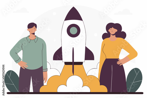 Team of entrepreneurs standing proudly next to a rocket ready for launch