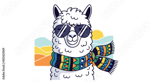 A cartoon alpaca wears sunglasses and a colorful scarf against a stylized landscape background with a sun.