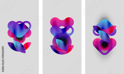 Abstract floral shapes, vibrant colors, three panels. Soft gradients create flowing forms, modern design. Minimalist aesthetic, pleasing composition.