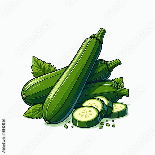 Vibrant illustration of zucchini fruits, both whole and sliced, with leaves. The image displays a fresh, natural style.