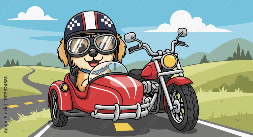 Obraz premium A cheerful cartoon dog wearing a helmet and goggles, riding in a sidecar motorcycle on a sunny road.