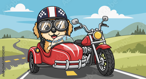 A cheerful cartoon dog wearing a helmet and goggles, riding in a sidecar motorcycle on a sunny road.
