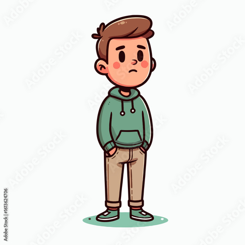 Digitally rendered cartoon illustration of a boy in casual attire, displaying a thoughtful or slightly melancholic expression.