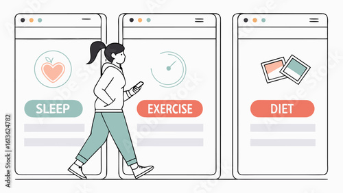 Woman uses a health app to track sleep exercise and diet promoting a healthy lifestyle and wellness