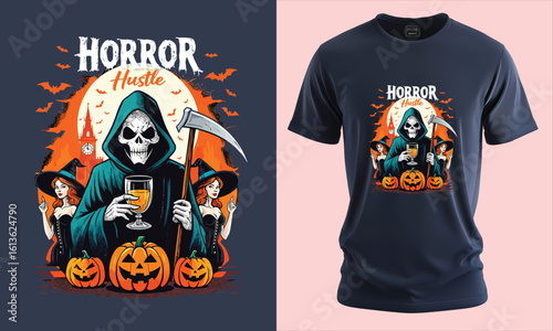 “Horror Hustle” Halloween Grim Reaper T-Shirt – Scary and Funny Pumpkin Graphic, Retro Horror Tee for Spooky Season Fans
