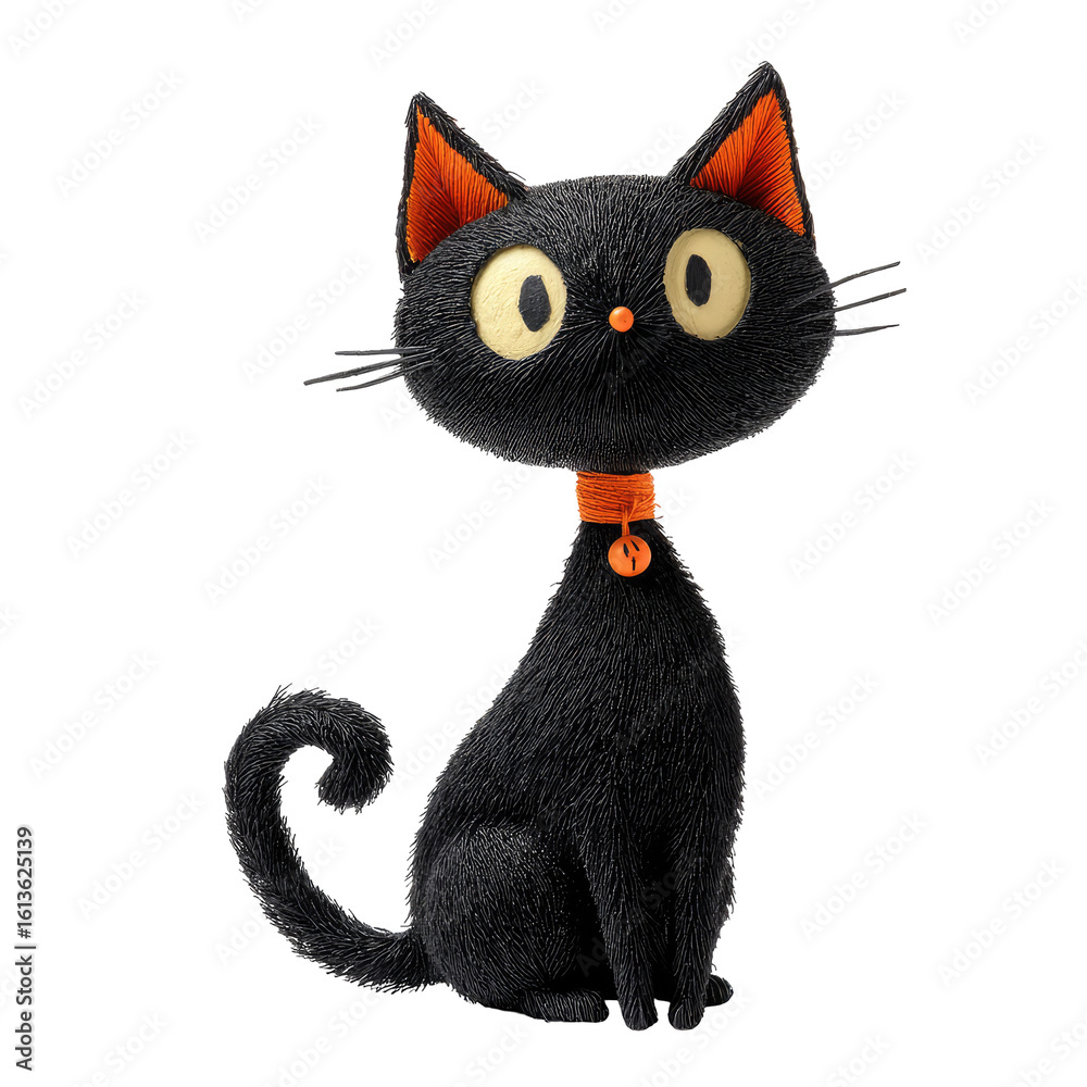 Fototapeta premium Fluffy Black Cat with Oversized Ears and Bright Orange Accents in Clay Sculpture Art Form