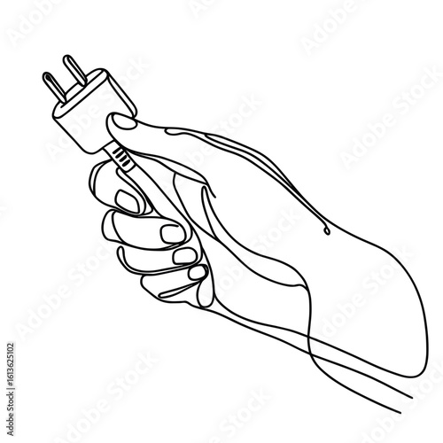 Hand holding plug in line drawing style in black-and-white colors for instruction
