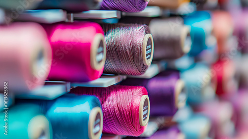 Colorful spools of thread neatly organized on shelves.  A variety of vibrant colors fill the image