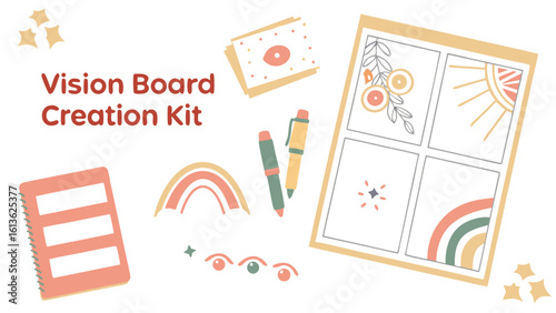 Vision board creation kit with notebook pens and decorative elements for goal setting and manifestation
