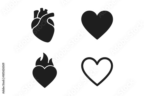 Vector heart icon collection. Anatomical human heart for medicine and cardiology. Stylized love symbol, passion flame heart, and outline shape. Health and romance set.