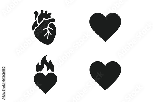 Heart icon set. Anatomical human heart for medical cardiology and stylized love symbol. Vector glyph collection with flame for health, passion, and romance illustration.