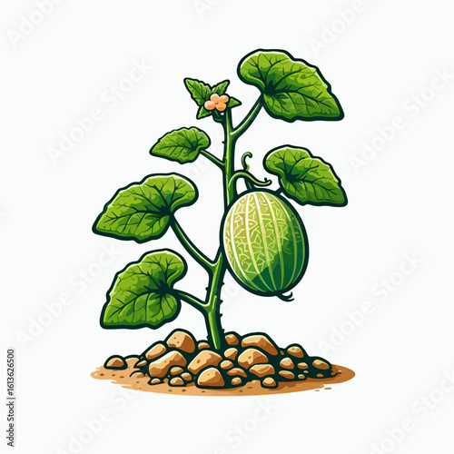 Cartoonish depiction of a cantaloupe plant with lush green leaves and a single cantaloupe fruit. The plant is rooted in a bed of small stones.