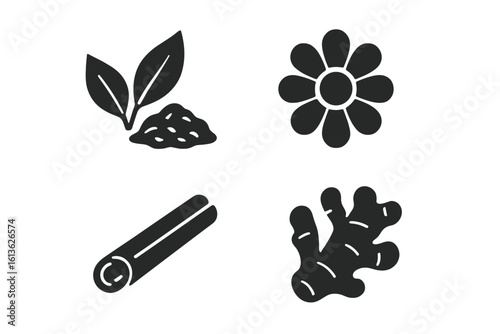 Herbal tea ingredients solid icon set. Black glyph collection with cinnamon stick, ginger root, chamomile flower, and dry leaves. Healthy organic drink vector elements.