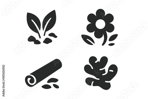Herbal tea ingredients glyph icons set. Solid silhouette collection of natural drink elements. Dried leaves, chamomile flower, cinnamon stick, and ginger root vector symbols.
