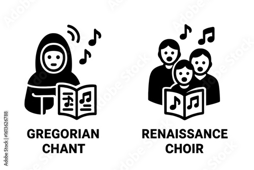 Christian music history icons. Solid glyph icon set of sacred music periods. Gregorian chant monk singing and Renaissance choir singers vector illustration for design.