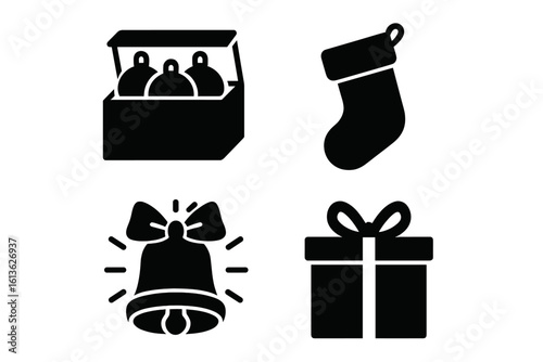 Christmas holiday solid glyph icon set. Vector collection of simple black silhouette symbols. Festive design with gift box, present, stocking, jingle bell, ornaments.