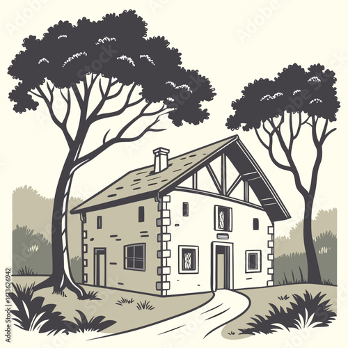 Rustic Home Amidst Nature: An illustration of a cozy dwelling, nestled between two towering trees, with a pathway that leads towards the house