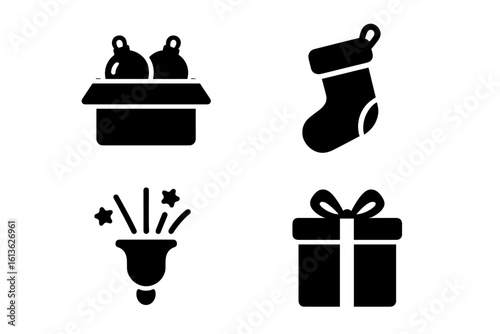 Christmas holiday solid glyph icon set. Simple black silhouette vector symbols. Contains gift box, present, stocking, jingle bell, and ornaments in a box illustration.