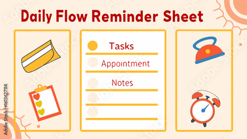 Daily flow reminder sheet with tasks appointments notes and icons for organization productivity and time management