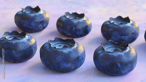 Fresh blueberries arranged on a pastel surface, showing detailed texture and color variations.  A close-up view highlights individual berries with slightly imperfect edges and deep blue hue