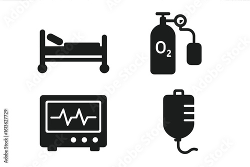 Hospital equipment icon set. Solid glyph icons for medical and healthcare. Vector illustration of hospital room essentials: bed, oxygen tank, heart rate monitor, ECG, IV bag.