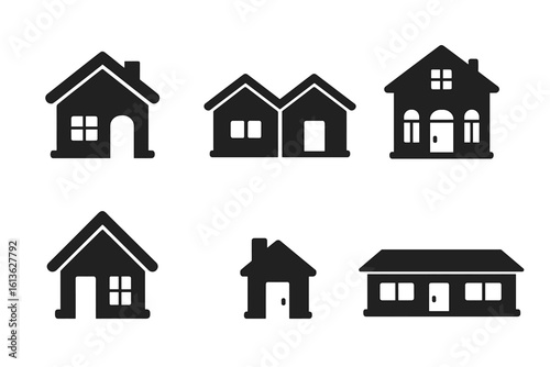 House icons set. Black solid glyph pictogram collection of different home front views. Real estate symbols. Vector of suburban home, duplex, villa, cabin, tiny house.