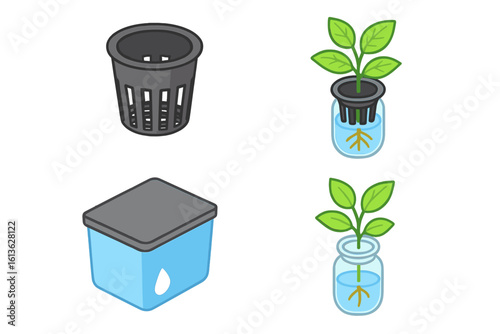 Hydroponics icon set. Isometric vector illustration of cutting propagation, net pot, and nutrient solution reservoir. Modern gardening and agriculture concept design.