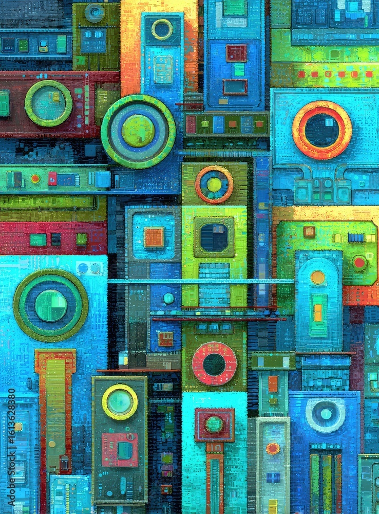Obraz premium Abstract cityscape of geometric shapes, vibrant colors, and mechanical elements