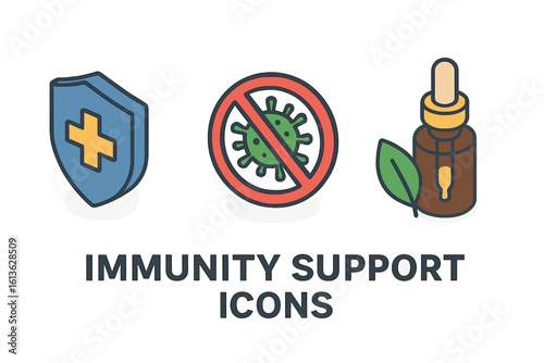 Immunity support icons set. Isometric vector illustration of health protection shield, antivirus sign, and herbal extract tincture. Medical immune system concept design.