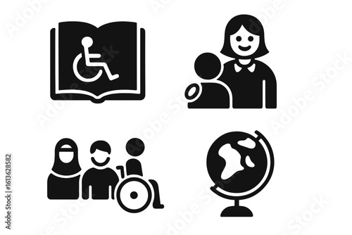 Inclusive education solid glyph icon set. Diverse students, special needs, and disability support. Accessible learning with teacher, book, and wheelchair symbol vector.