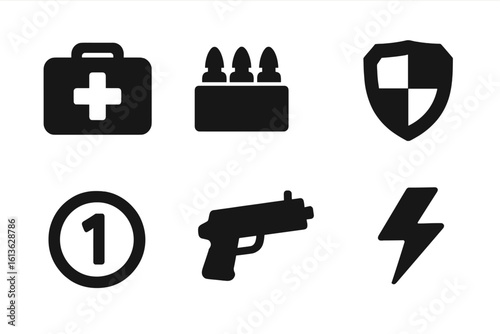 Game icons set for video game user interface. Solid glyph collection of in-game items like health pack, ammo box, gun, shield, and energy power-up. Flat design for HUD.