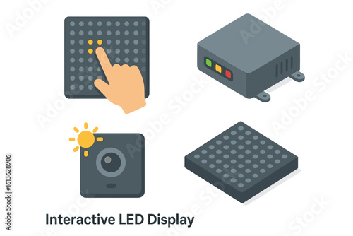 Interactive LED display icon set. Isometric flat vector illustration of a digital wall panel, controller box, light sensor, and touch screen module for signage.