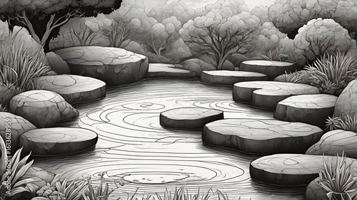 Monochrome Stone Garden in Rain – Black and White Ink Illustration with Fine Line Texture