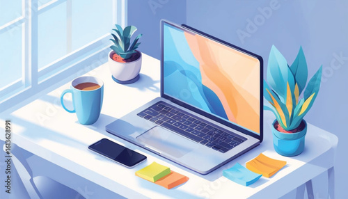 Laptop on office desk near window showing technology and communication setup