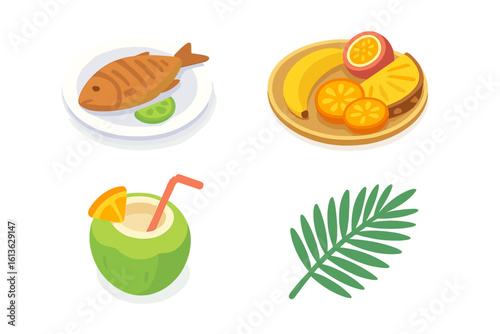 Tropical food icon set. Isometric vector illustration of island cuisine. Grilled fish, exotic fruit plate, coconut cocktail and palm leaf for summer vacation menu.