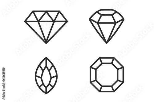 Precious jewel and gemstone outline icon set. Vector illustration of diamond, ruby, emerald, and sapphire cuts. Simple line art for luxury and jewelry design concepts.