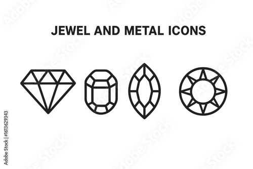 Jewel and metal icons set. Outline vector illustration of precious gems. Diamond, emerald cut, marquise, and brilliant cut stones. Jewelry and gemstone symbols.