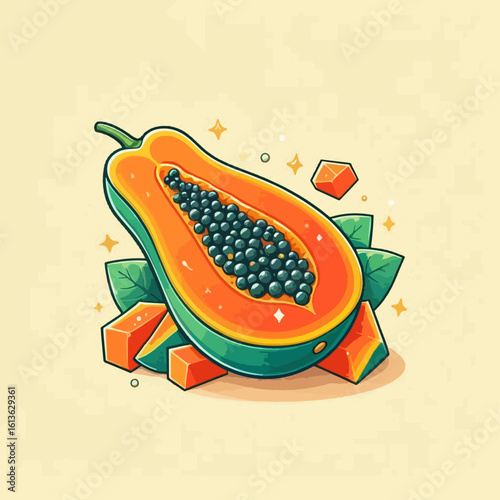 Stylized, vibrant graphic illustration of a papaya cut in half, showcasing its seeds and slices against a pale background.